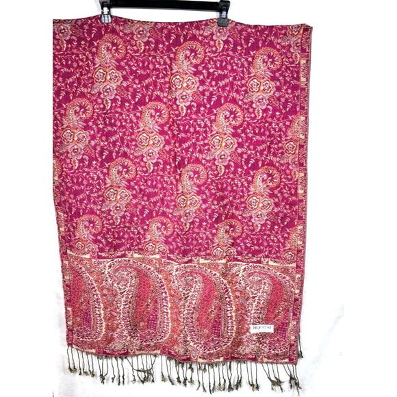 Fuchia Shawl Scarf Wrap Stole 100% Cashmere Pashmina Fringe Paisley - Picture 1 of 7